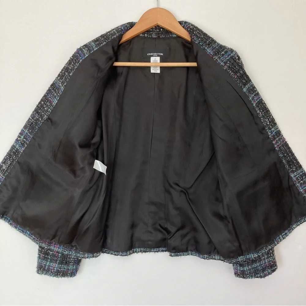 Jones New York Plaid Wool Blend Collarless Jacket Blazer Blue Black 8P
